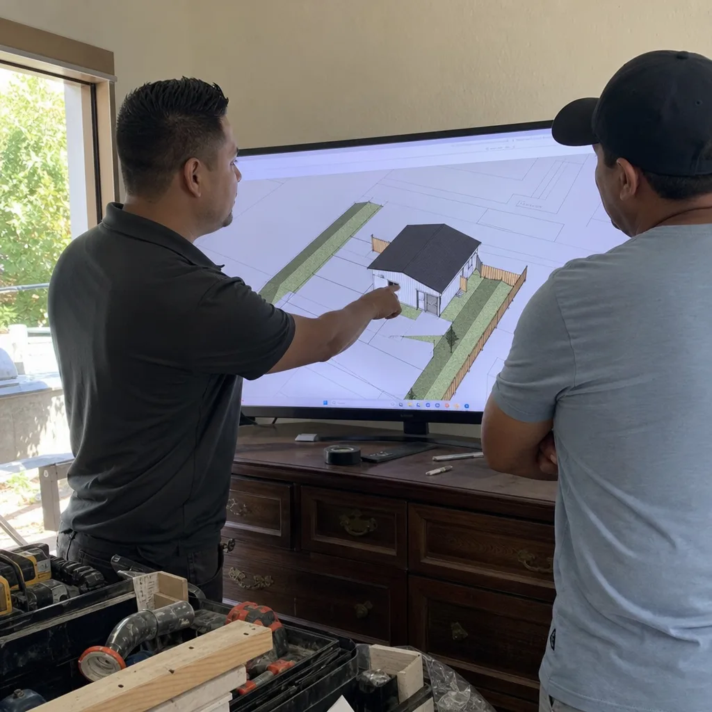 Two professionals reviewing a 3D residential building design for ADU planning.