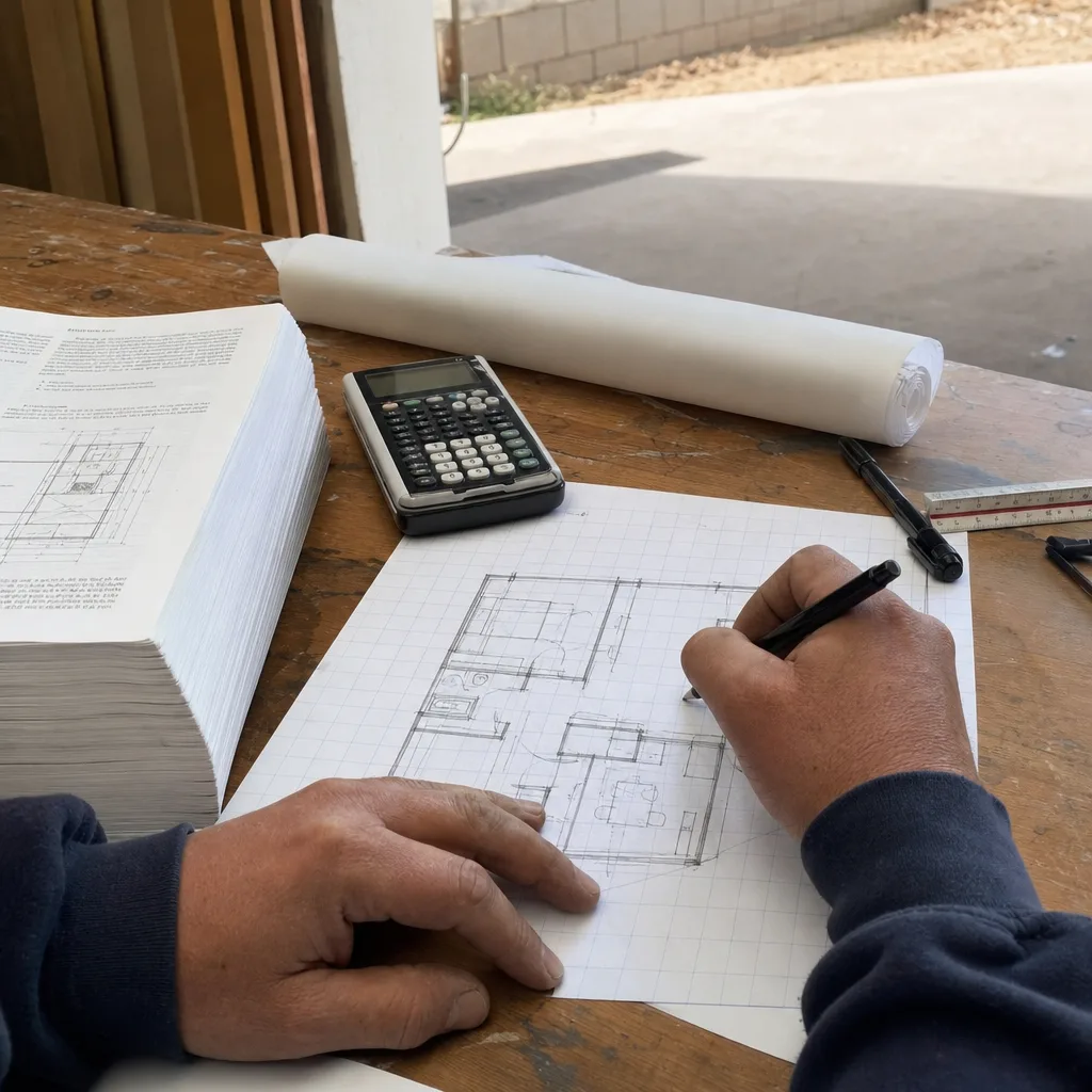 Architect designing professional ADU floor plans with drafting tools