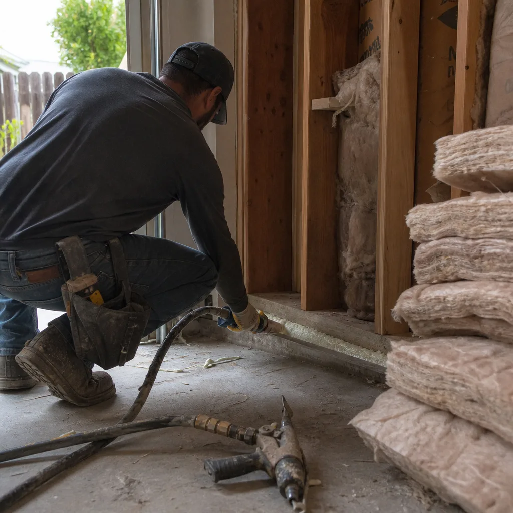 Contractor applying spray foam insulation during garage conversion ADU construction