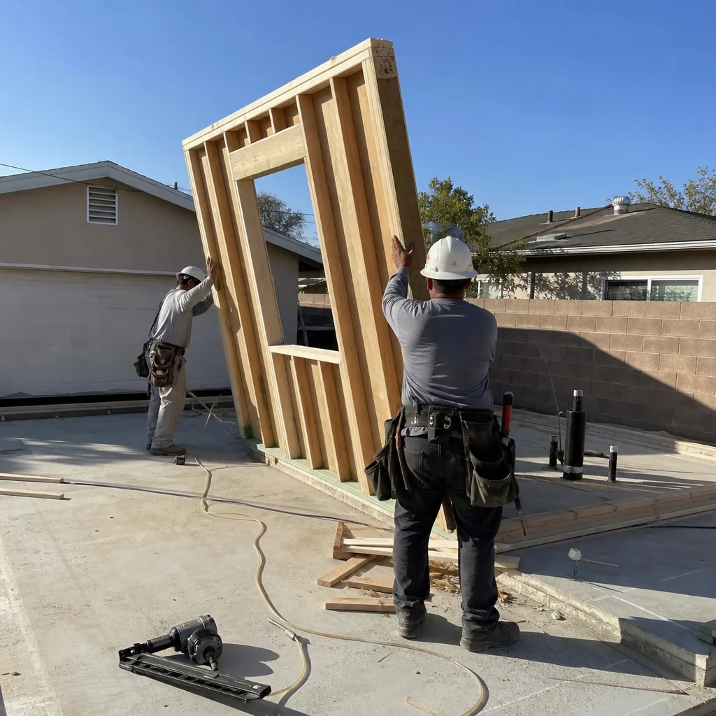 Two construction workers raising a wooden wall frame for an ADU.
