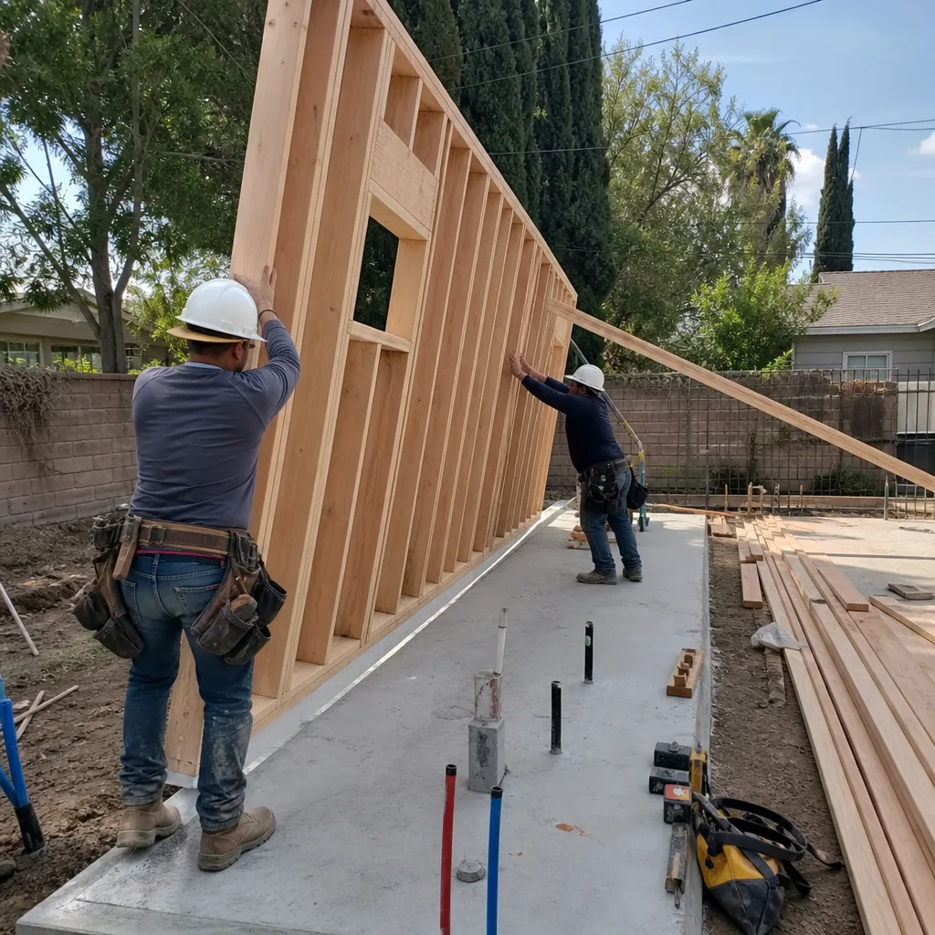 Two construction workers erecting a wooden wall frame for a new ADU