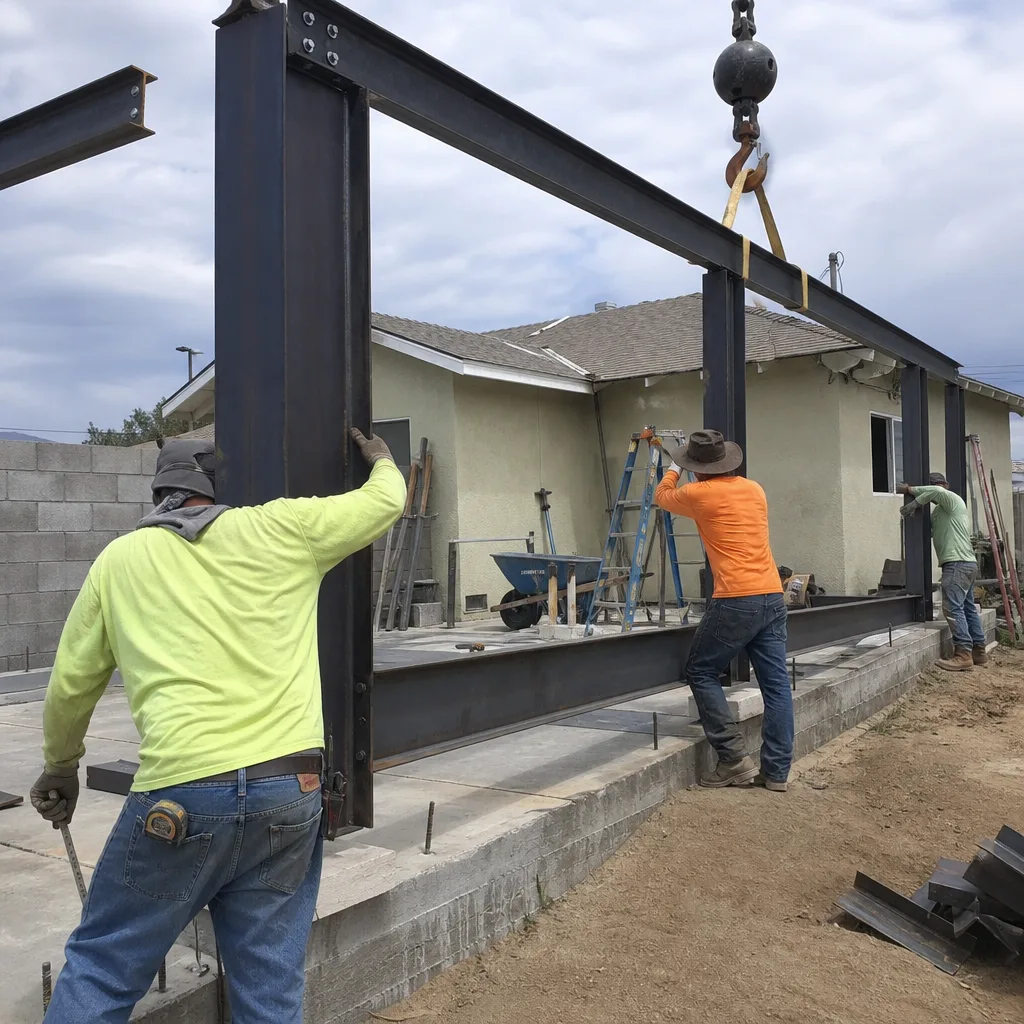 Construction crew installing a large steel frame for a detached ADU